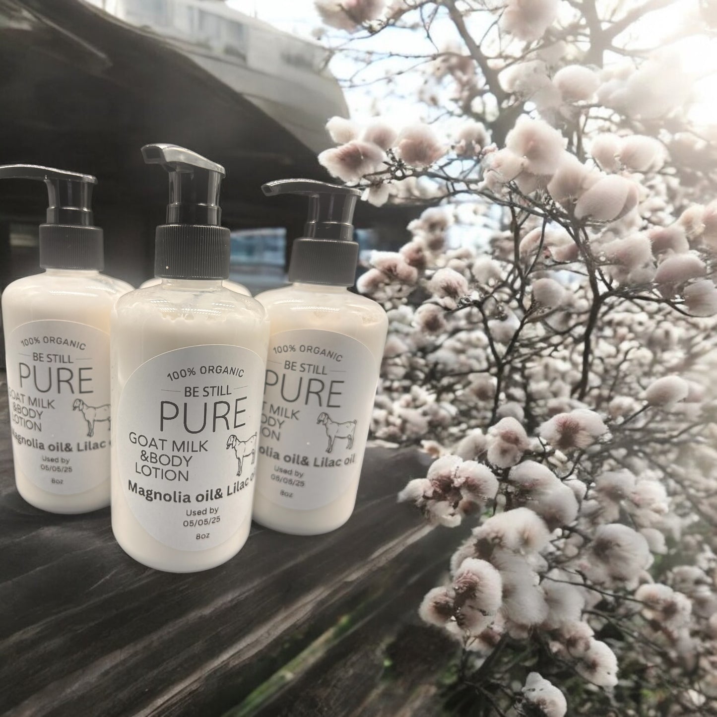 “BeStillPure Blossoming Body Lotion: Magnolia, Lilac & Organic Grass Fed - Goat milk Powder Fusion for Soft, Radiant Skin”