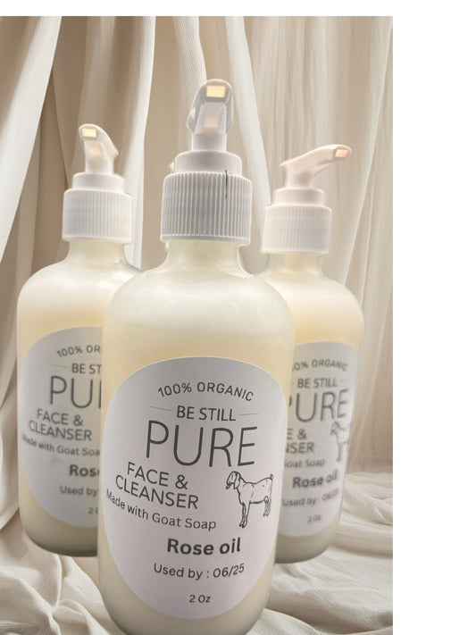 BeStillPure Rose Glow Cleanser.

Benefits:

	1.	Gentle Cleansing – Goat soap is rich in natural fats and has a mild, gentle pH, making it excellent for delicate facial skin, helping cleanse without stripping natural oils.